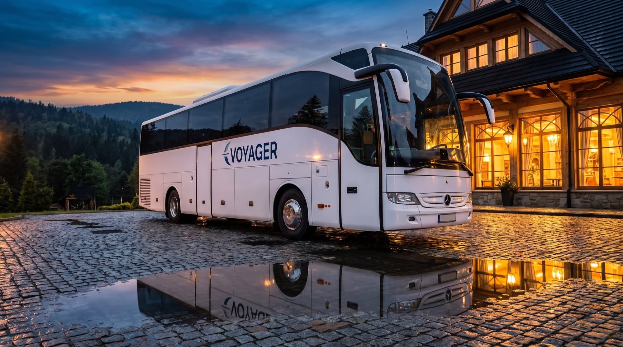 Autokar Voyagera klasy premium na trasie przez Beskid Niski