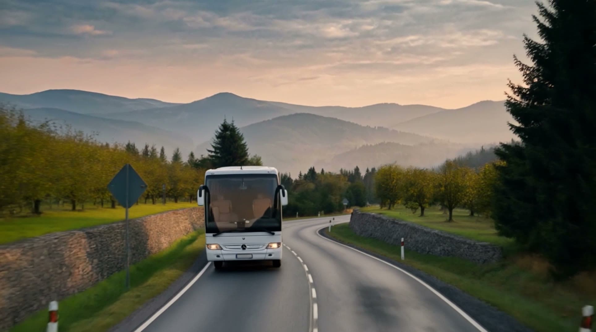 Autokar Voyagera na krętej drodze przez Beskid Niski